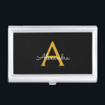 Black Gold Modern Script Girly Monogram Name Business Card Holder<br><div class="desc">Black and Gold Simple Script Monogram Name Business Card Holder. This makes the perfect sweet 16 birthday,  wedding,  bridal shower,  anniversary,  baby shower or bachelorette party gift for someone that loves glam luxury and chic styles.</div>