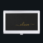 Black Gold Modern Script Girly Monogram Name Business Card Holder<br><div class="desc">Black and Gold Simple Script Monogram Name Business Card Holder. This makes the perfect sweet 16 birthday,  wedding,  bridal shower,  anniversary,  baby shower or bachelorette party gift for someone that loves glam luxury and chic styles.</div>