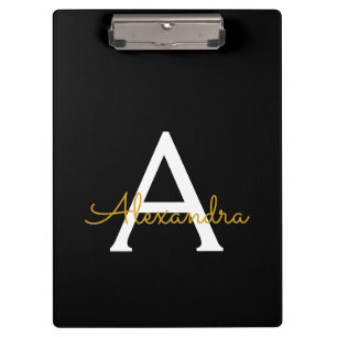 Black Gold Modern Script Girly Monogram Name Clipboard