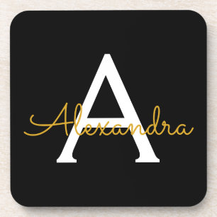 Black Gold Modern Script Girly Monogram Name Coaster