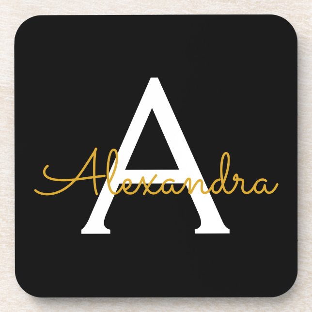 Black Gold Modern Script Girly Monogram Name Coaster (Front)