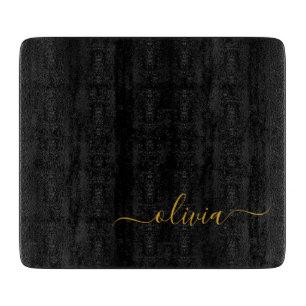 Black Gold Modern Script Girly Monogram Name Cutting Board