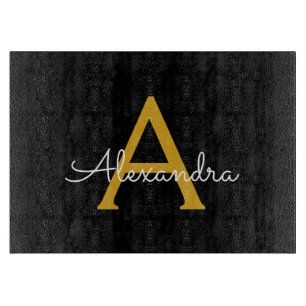 Black Gold Modern Script Girly Monogram Name Cutting Board