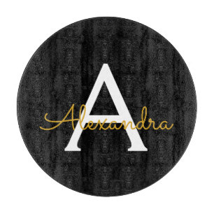 Black Gold Modern Script Girly Monogram Name Cutting Board