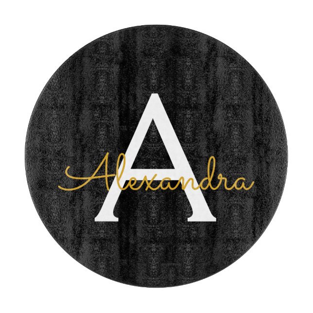 Black Gold Modern Script Girly Monogram Name Cutting Board (Front)