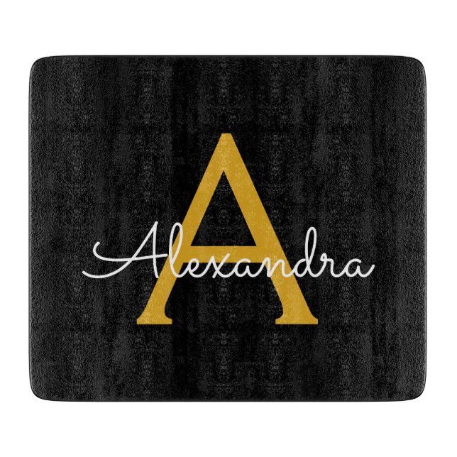 Black Gold Modern Script Girly Monogram Name Cutting Board (Front)
