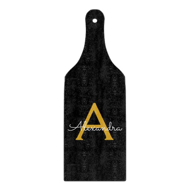 Black Gold Modern Script Girly Monogram Name Cutting Board (Front)