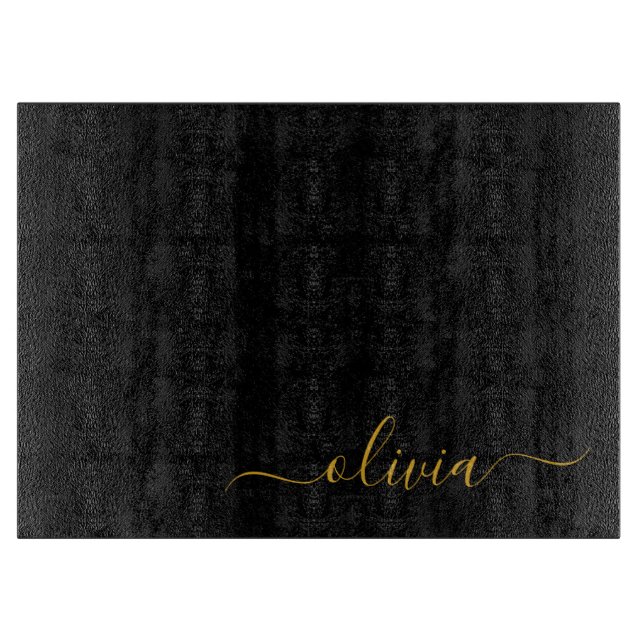 Black Gold Modern Script Girly Monogram Name Cutting Board (Front)