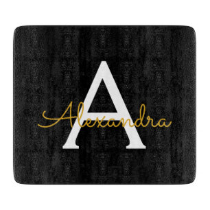 Black Gold Modern Script Girly Monogram Name Cutting Board