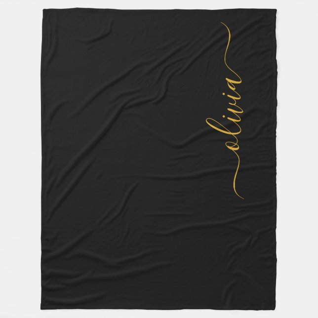 Black Gold Modern Script Girly Monogram Name Fleece Blanket (Front)