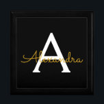 Black Gold Modern Script Girly Monogram Name Gift Box<br><div class="desc">Black and Gold Simple script Monogram Name Jewellery Keepsake Box. This makes the perfect graduation,  birthday,  wedding,  bridal shower,  anniversary,  baby shower or bachelorette party gift for someone that loves glam luxury and chic styles.</div>