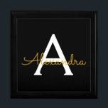 Black Gold Modern Script Girly Monogram Name Gift Box<br><div class="desc">Black and Gold Simple script Monogram Name Jewellery Keepsake Box. This makes the perfect graduation,  birthday,  wedding,  bridal shower,  anniversary,  baby shower or bachelorette party gift for someone that loves glam luxury and chic styles.</div>