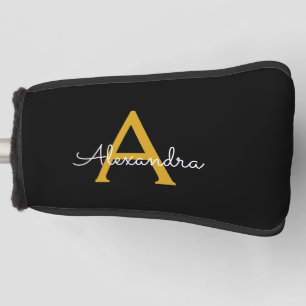 Black Gold Modern Script Girly Monogram Name Golf Head Cover
