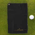 Black Gold Modern Script Girly Monogram Name Golf Towel<br><div class="desc">Back and Gold Monogram Name Golf Towel. This makes the perfect sweet 16 birthday,  wedding,  bridal shower,  anniversary,  baby shower or bachelorette party gift for someone that loves glam luxury and chic styles.</div>