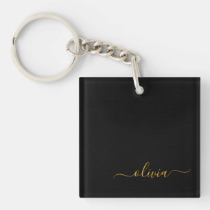 Black Gold Modern Script Girly Monogram Name Keychain