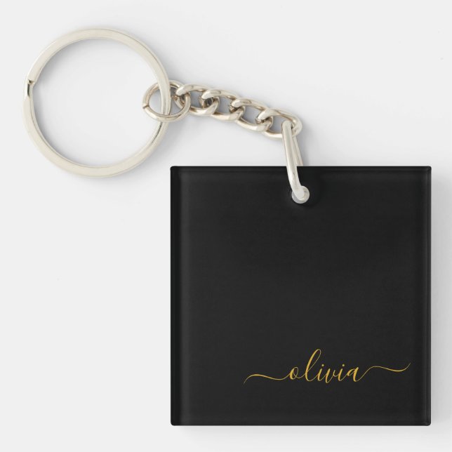 Black Gold Modern Script Girly Monogram Name Keychain (Front)