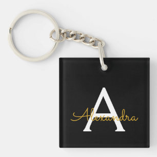 Black Gold Modern Script Girly Monogram Name Keychain