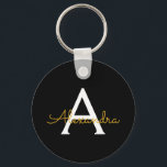 Black Gold Modern Script Girly Monogram Name Keychain<br><div class="desc">Black and Gold Simple Script Monogram Name Keychains (Key Chain). This makes the perfect sweet 16 birthday,  wedding,  bridal shower,  anniversary,  baby shower or bachelorette party gift for someone that loves glam luxury and chic styles.</div>