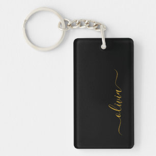 Black Gold Modern Script Girly Monogram Name Keychain