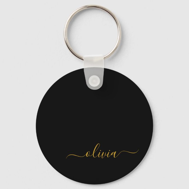 Black Gold Modern Script Girly Monogram Name Keychain (Front)