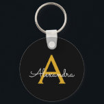 Black Gold Modern Script Girly Monogram Name Keychain<br><div class="desc">Black and Gold Simple Script Monogram Name Keychains (Key Chain). This makes the perfect sweet 16 birthday,  wedding,  bridal shower,  anniversary,  baby shower or bachelorette party gift for someone that loves glam luxury and chic styles.</div>