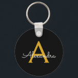 Black Gold Modern Script Girly Monogram Name Keychain<br><div class="desc">Black and Gold Simple Script Monogram Name Keychains (Key Chain). This makes the perfect sweet 16 birthday,  wedding,  bridal shower,  anniversary,  baby shower or bachelorette party gift for someone that loves glam luxury and chic styles.</div>