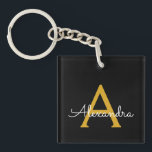 Black Gold Modern Script Girly Monogram Name Keychain<br><div class="desc">Black and Gold Simple Script Monogram Name Keychain. This makes the perfect sweet 16 birthday,  wedding,  bridal shower,  anniversary,  baby shower or bachelorette party gift for someone that loves glam luxury and chic styles.</div>