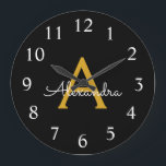 Black Gold Modern Script Girly Monogram Name Large Clock<br><div class="desc">Black and Gold Simple Script Monogram Name Clock. This makes the perfect sweet 16 birthday,  wedding,  bridal shower,  anniversary,  baby shower or bachelorette party gift for someone that loves glam luxury and chic styles.</div>