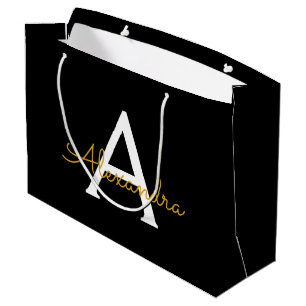 Black Gold Modern Script Girly Monogram Name Large Gift Bag