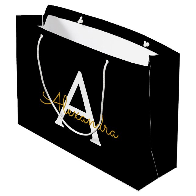 Black Gold Modern Script Girly Monogram Name Large Gift Bag (Back Angled)