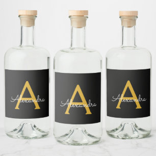 Black Gold Modern Script Girly Monogram Name Liquor Bottle Label