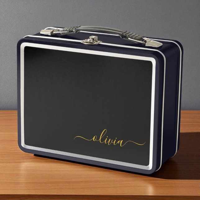 Black Gold Modern Script Girly Monogram Name Metal Lunch Box (Creator Uploaded)