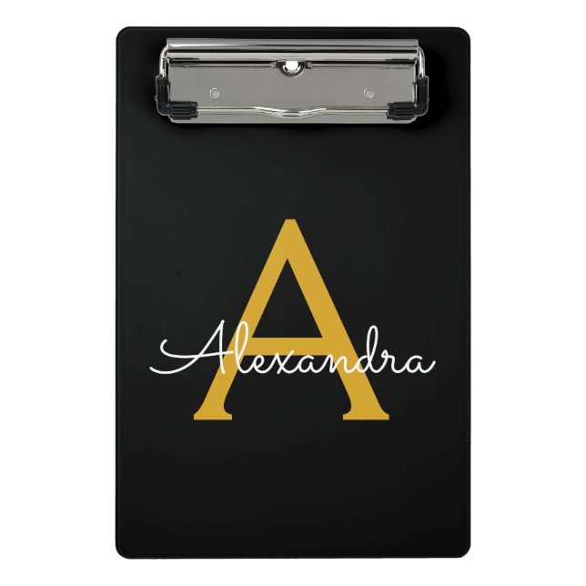 Black Gold Modern Script Girly Monogram Name Mini Clipboard (Front)