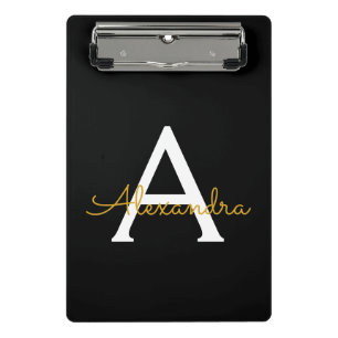 Black Gold Modern Script Girly Monogram Name Mini Clipboard