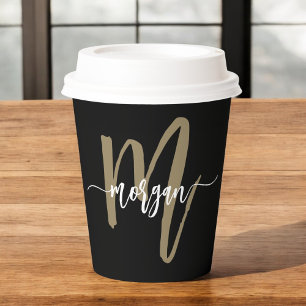 Black Gold Modern Script Girly Monogram Name Paper Cups