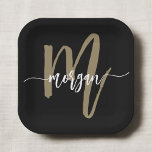 Black Gold Modern Script Girly Monogram Name Paper Plate<br><div class="desc">Add a touch of luxury and elegance to your celebration with the Black and Gold Modern Script Girly Monogram Name Paper Plates. These stylish plates feature a sleek black background with a bold gold monogram in a modern script font, making them the perfect choice for any chic gathering. Whether you're...</div>