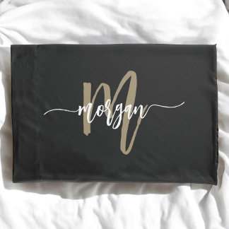 Black Gold Modern Script Girly Monogram Name Pillowcase