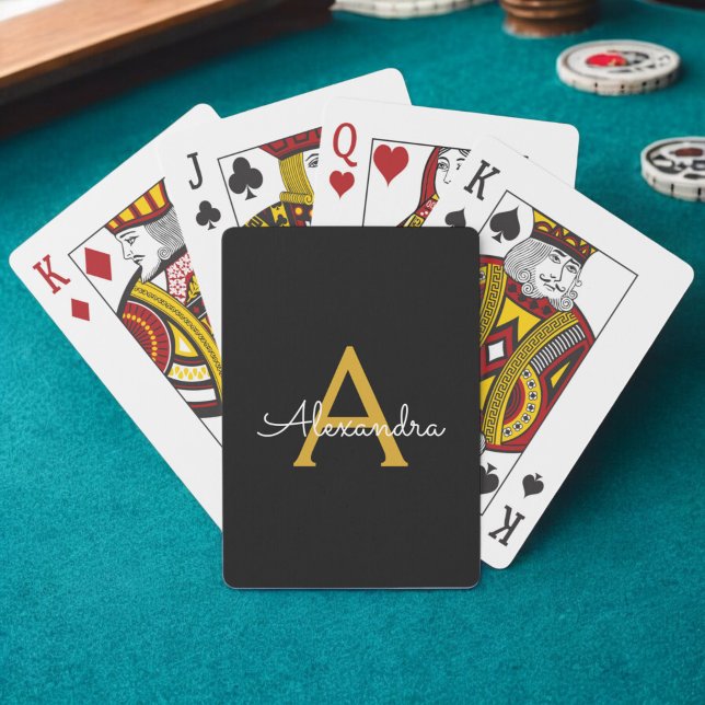 Black Gold Modern Script Girly Monogram Name Playing Cards (Creator Uploaded)
