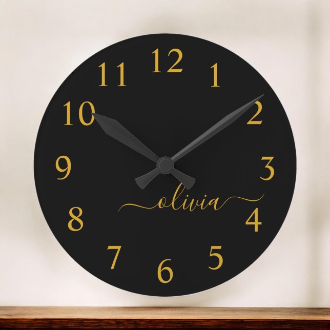 Black Gold Modern Script Girly Monogram Name Round Clock (Creator Uploaded)
