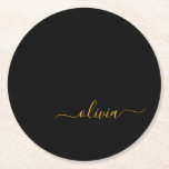 Black Gold Modern Script Girly Monogram Name Round Paper Coaster<br><div class="desc">Black and Gold Simple Script Monogram Name Paper Coasters. This makes the perfect graduation,  birthday,  wedding,  bridal shower,  anniversary,  baby shower or bachelorette party gift for someone that loves glam luxury and chic styles.</div>