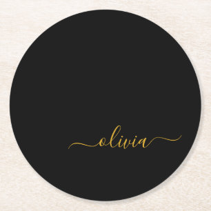 Black Gold Modern Script Girly Monogram Name Round Paper Coaster