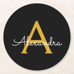 Black Gold Modern Script Girly Monogram Name Round Paper Coaster
