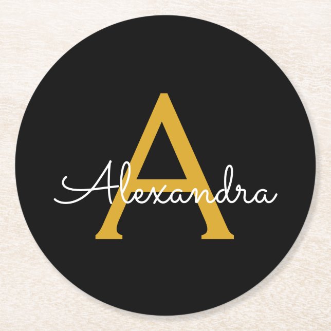 Black Gold Modern Script Girly Monogram Name Round Paper Coaster (Front)