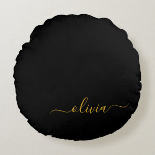 Black Gold Modern Script Girly Monogram Name Round Pillow