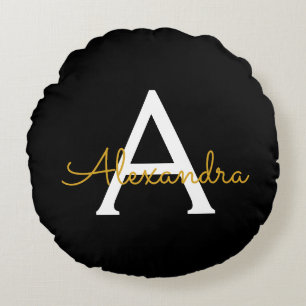 Black Gold Modern Script Girly Monogram Name Round Pillow