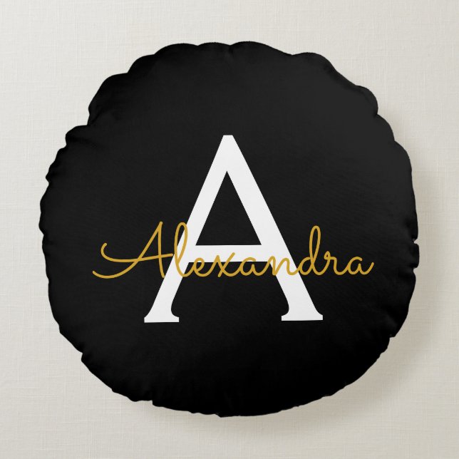 Black Gold Modern Script Girly Monogram Name Round Pillow (Front)