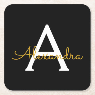 Black Gold Modern Script Girly Monogram Name Square Paper Coaster