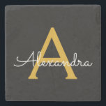 Black Gold Modern Script Girly Monogram Name Stone Coaster<br><div class="desc">Black and Gold Simple Script Monogram Name Stone Tile. This makes the perfect graduation,  sweet 16 birthday,  wedding,  bridal shower,  anniversary,  baby shower or bachelorette party gift for someone that loves glam luxury and chic styles.</div>