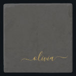 Black Gold Modern Script Girly Monogram Name Stone Coaster<br><div class="desc">Black and Gold Simple Script Monogram Name Stone Tile. This makes the perfect graduation,  sweet 16 birthday,  wedding,  bridal shower,  anniversary,  baby shower or bachelorette party gift for someone that loves glam luxury and chic styles.</div>