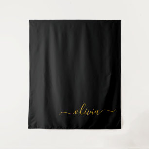 Black Gold Modern Script Girly Monogram Name Tapestry